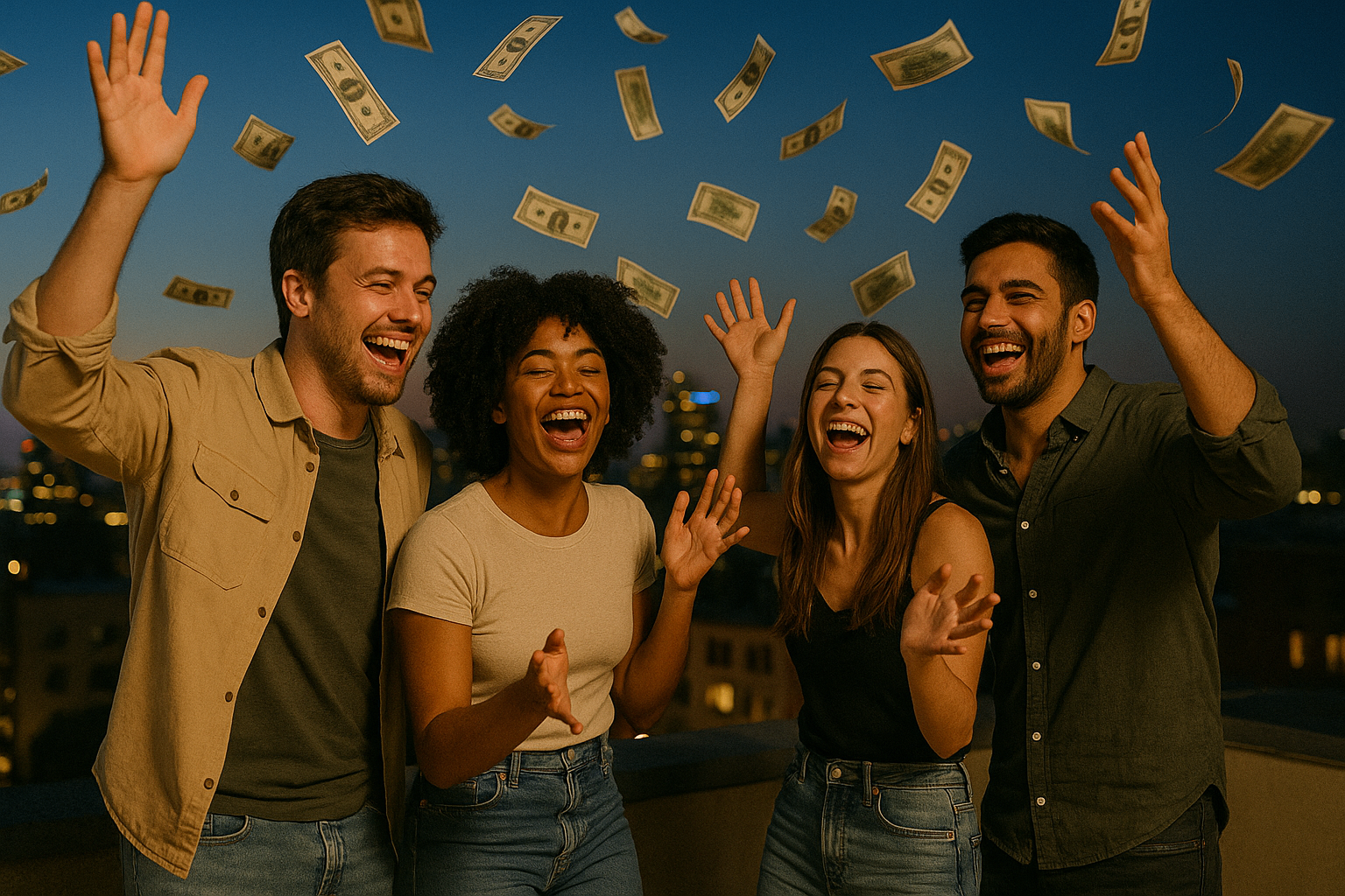 Young professionals celebrating financial success